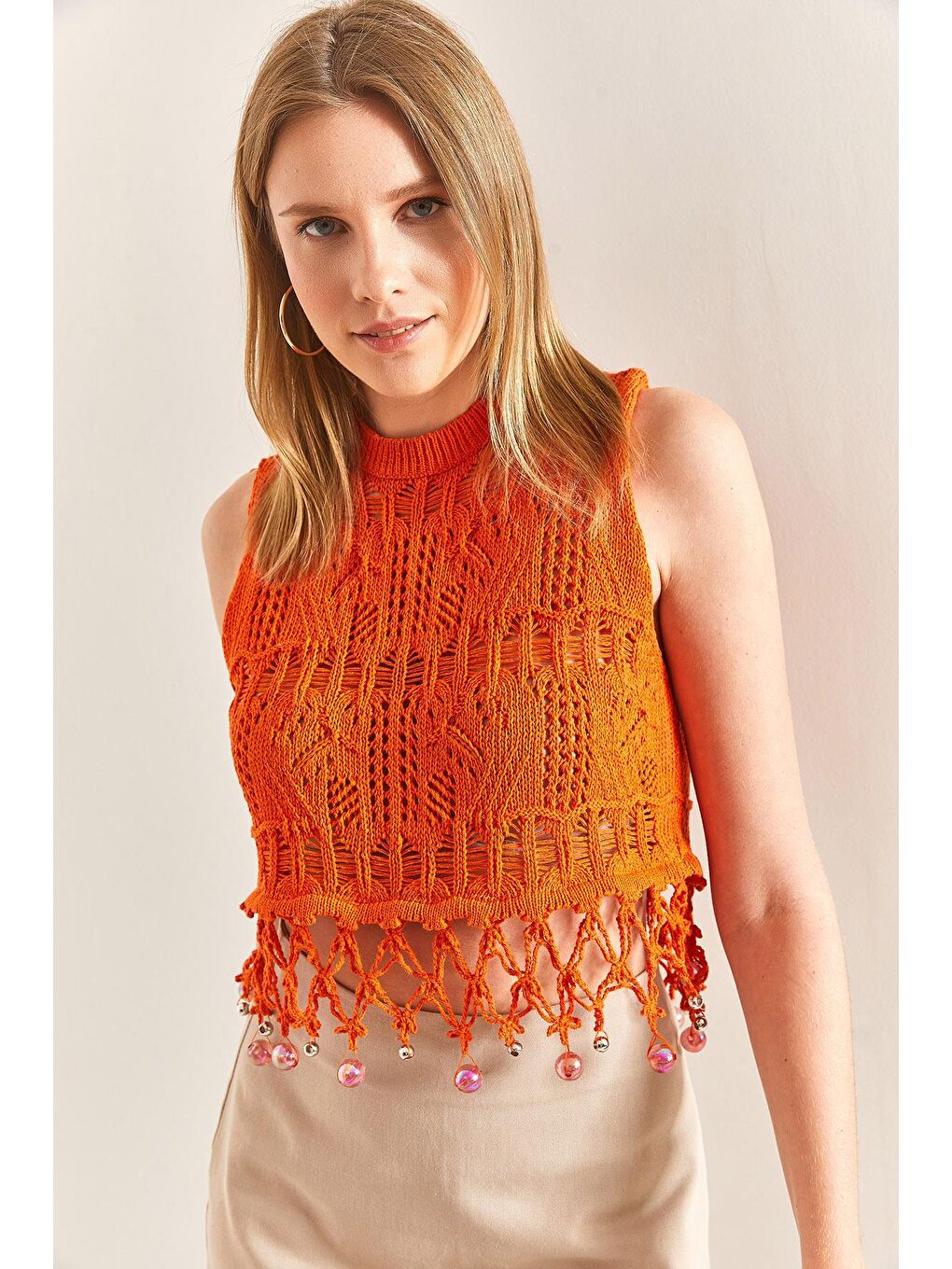 Ajurlu Saçakları Taş İşlemeli Desenli Triko Bluz - Turuncu-1