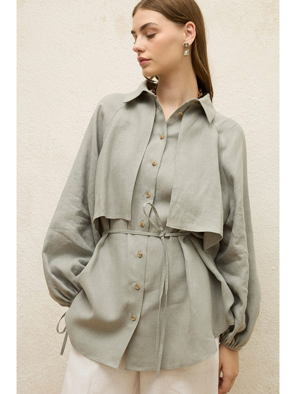 Yeşil Keten Trenç Gömlek-3