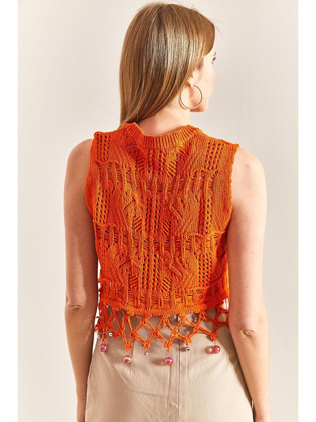 Ajurlu Saçakları Taş İşlemeli Desenli Triko Bluz - Turuncu-2