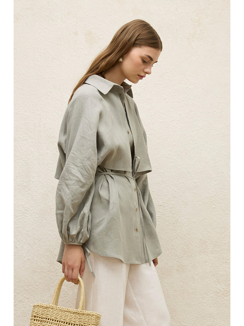 Yeşil Keten Trenç Gömlek-4