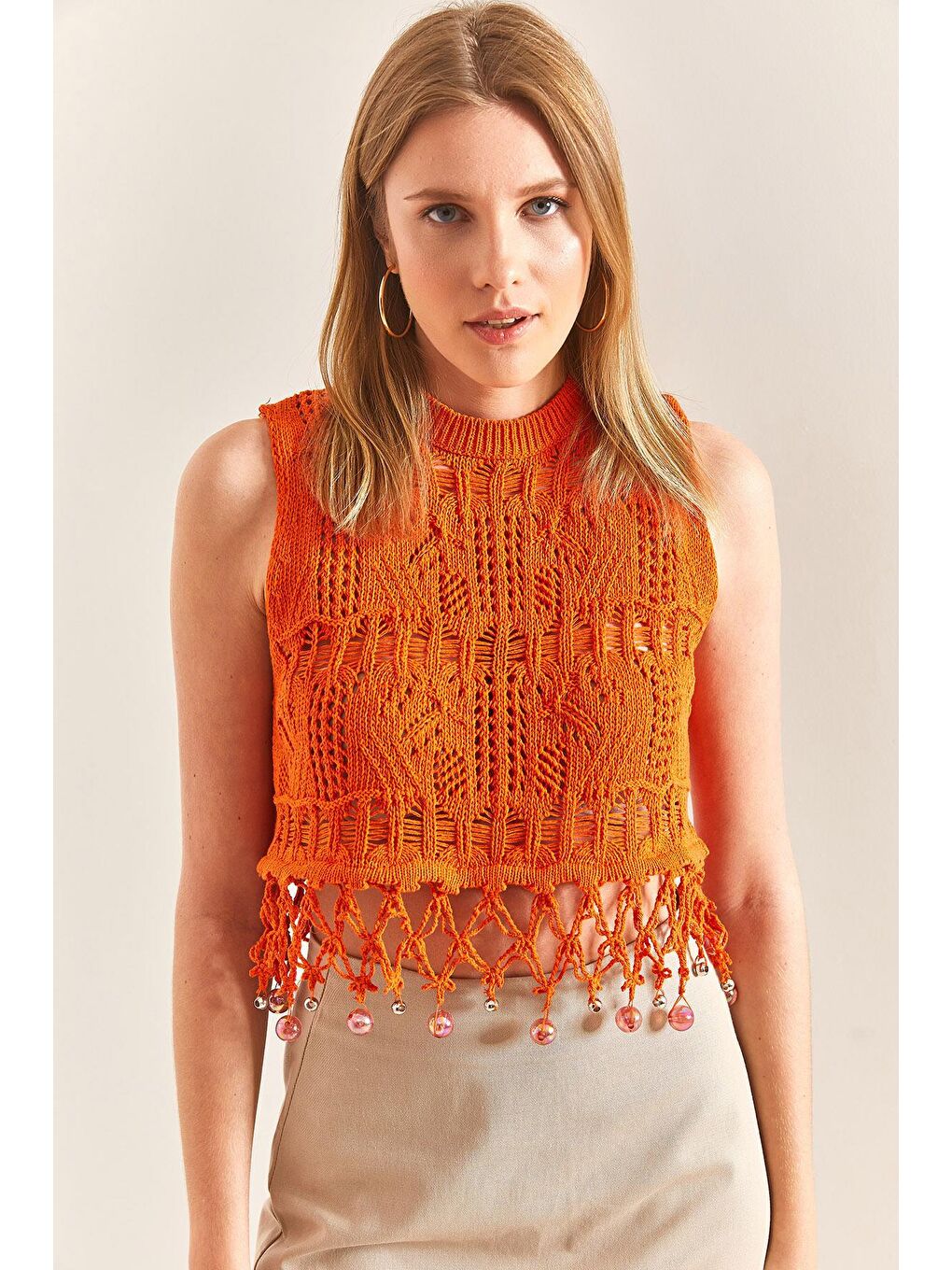 Ajurlu Saçakları Taş İşlemeli Desenli Triko Bluz - Turuncu-3