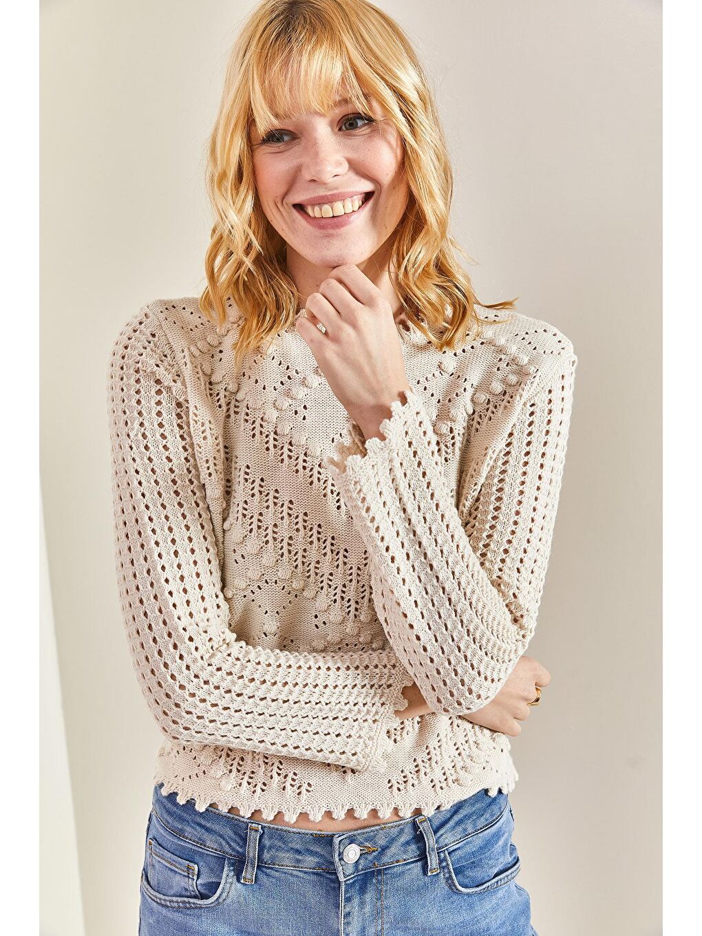 Ajurlu Triko Bluz - Bej-3