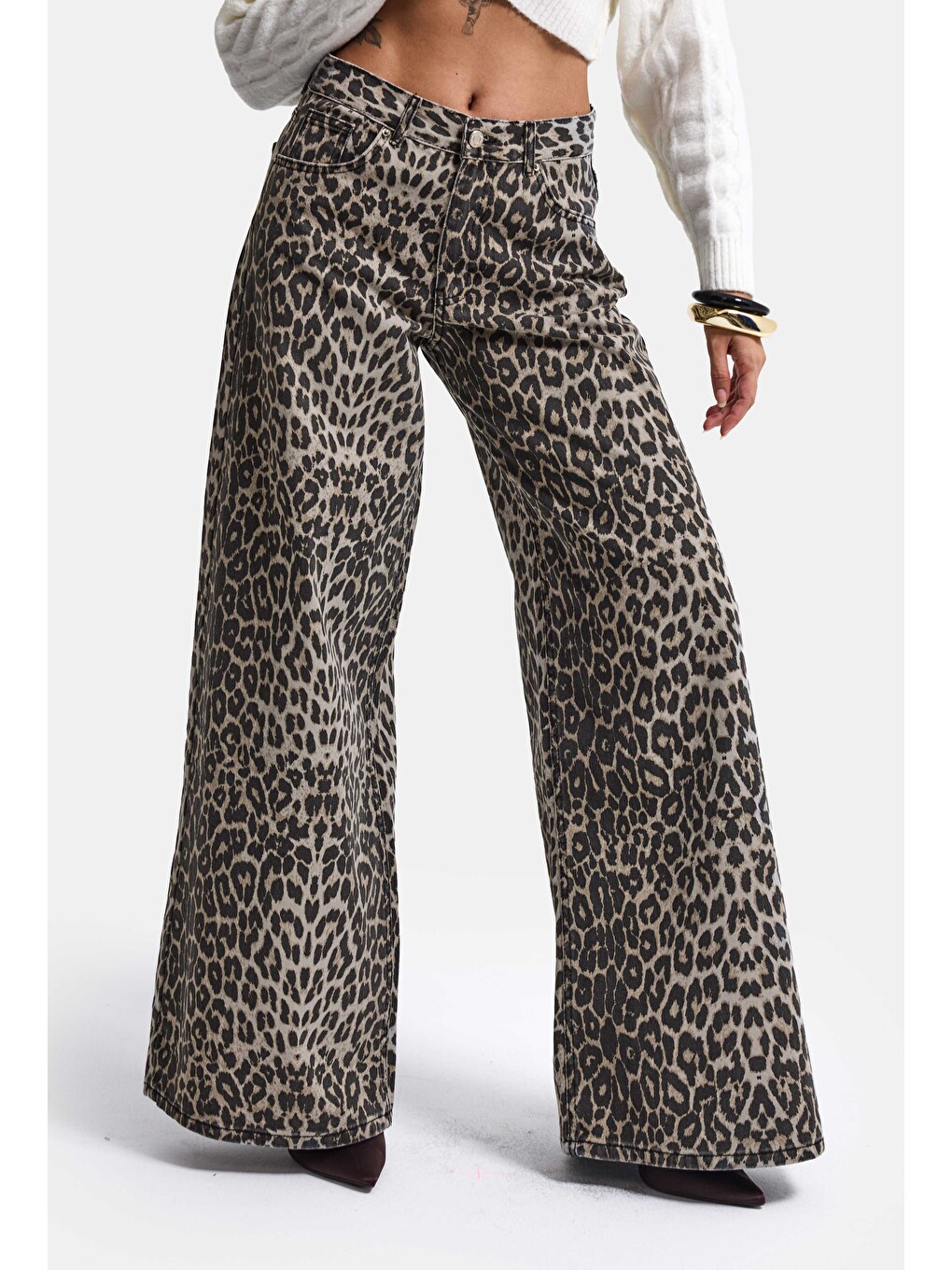 Kahverengi Kadın Leopar 1w6-26 Palazzo Fit Özel Desen Denim Jean