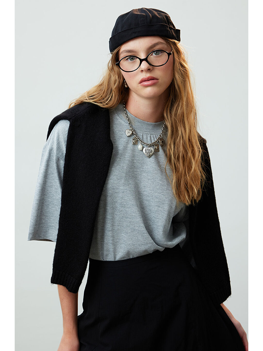 Gri Oversize Pamuklu Kısa Kol Tshırt Grı-Melanj-2