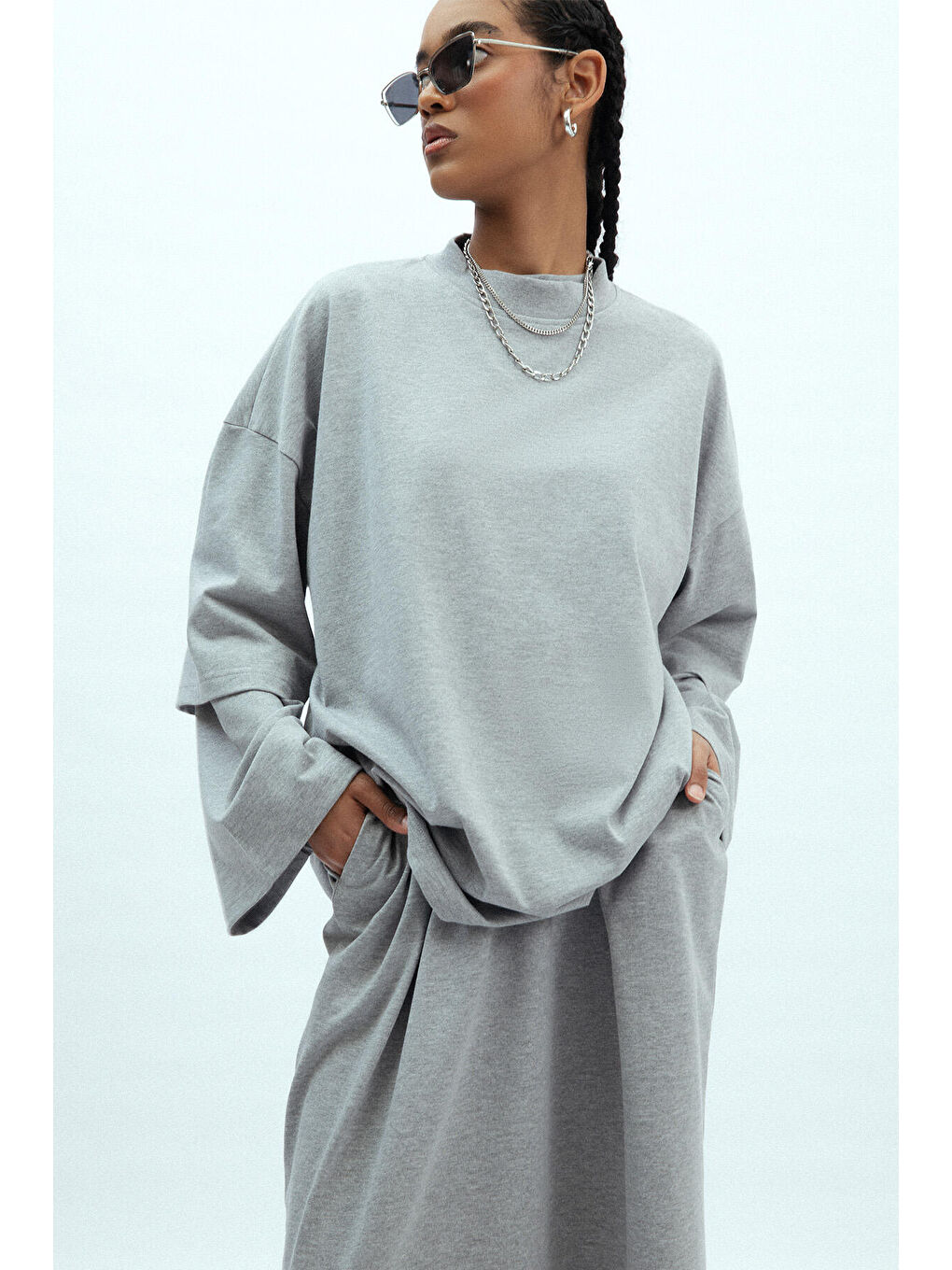 Gri Oversize Pamuklu Kısa Kol Tshırt Grı-Melanj-3