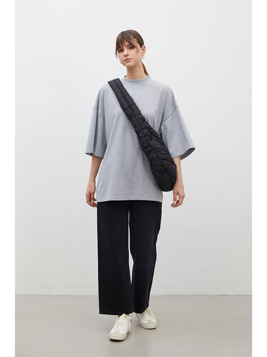 Gri Oversize Pamuklu Kısa Kol Tshırt Grı-Melanj-4