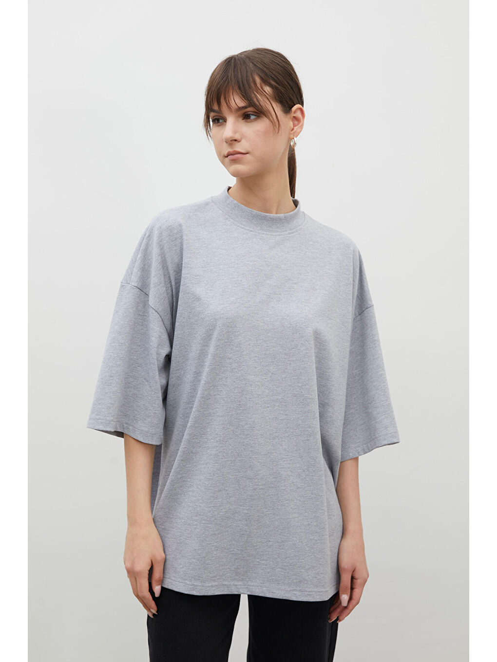 Gri Oversize Pamuklu Kısa Kol Tshırt Grı-Melanj-5