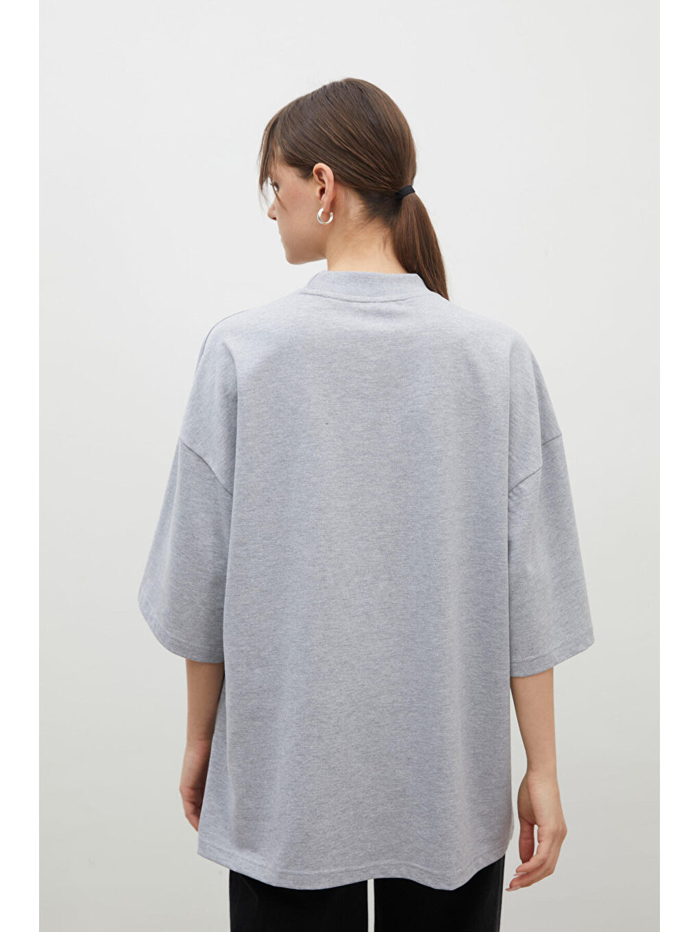 Gri Oversize Pamuklu Kısa Kol Tshırt Grı-Melanj-7