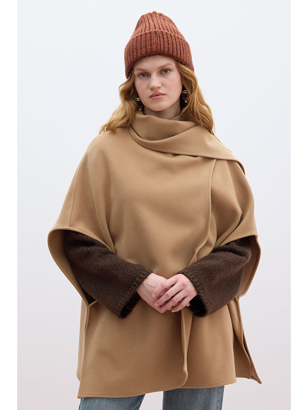 Kahverengi Atkılı Kaşe Panço Camel-1