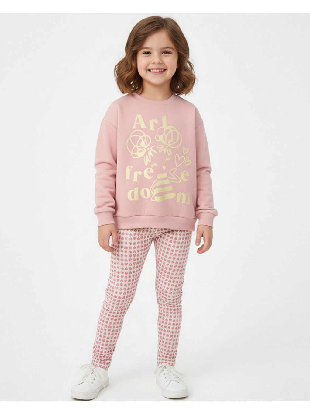 Pembe Kız Çocuk Kalp Baskılı Taytlı, Mevsimlik, 2-10 Yaş Sweatshirtlü Alt Üst Taytlı Takım