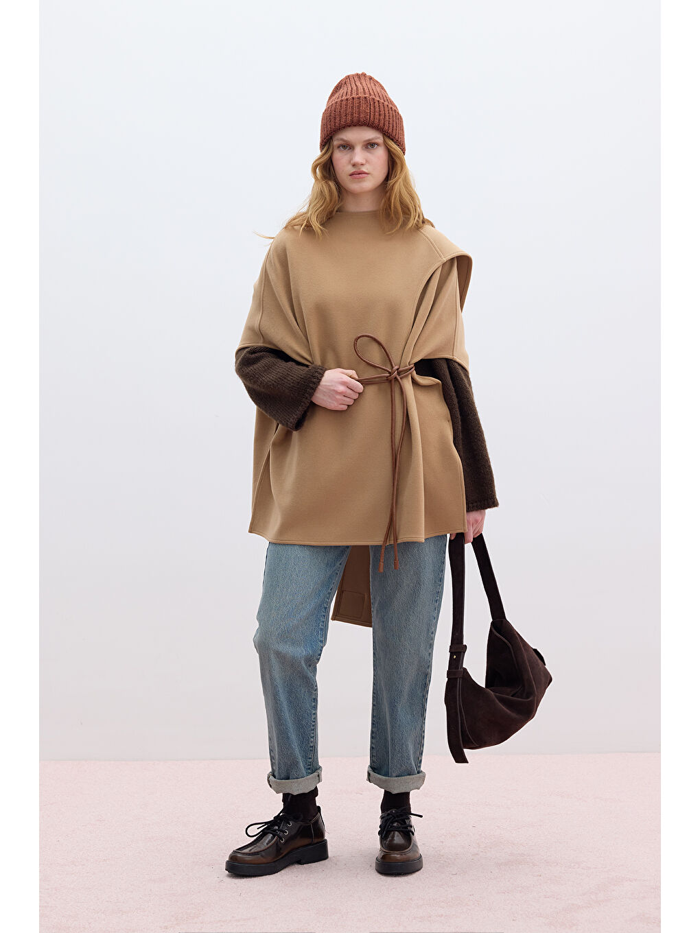 Kahverengi Atkılı Kaşe Panço Camel-4