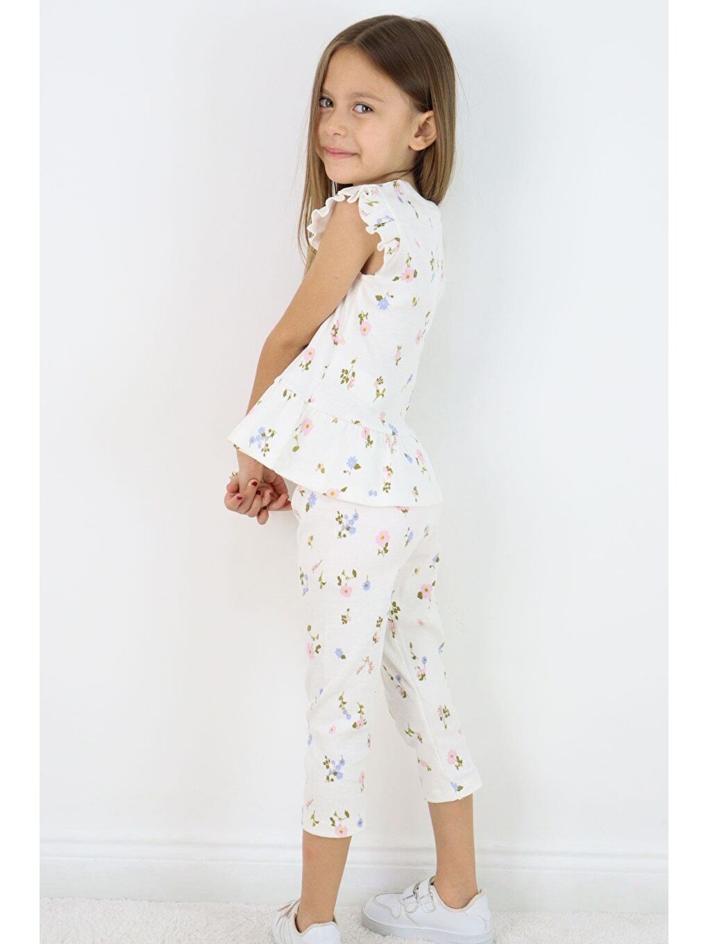 Kız Çocuk Taytlı Takım Renkli Çiçek Desenli Fırfırlı Ekru (2-6 Yaş)-1