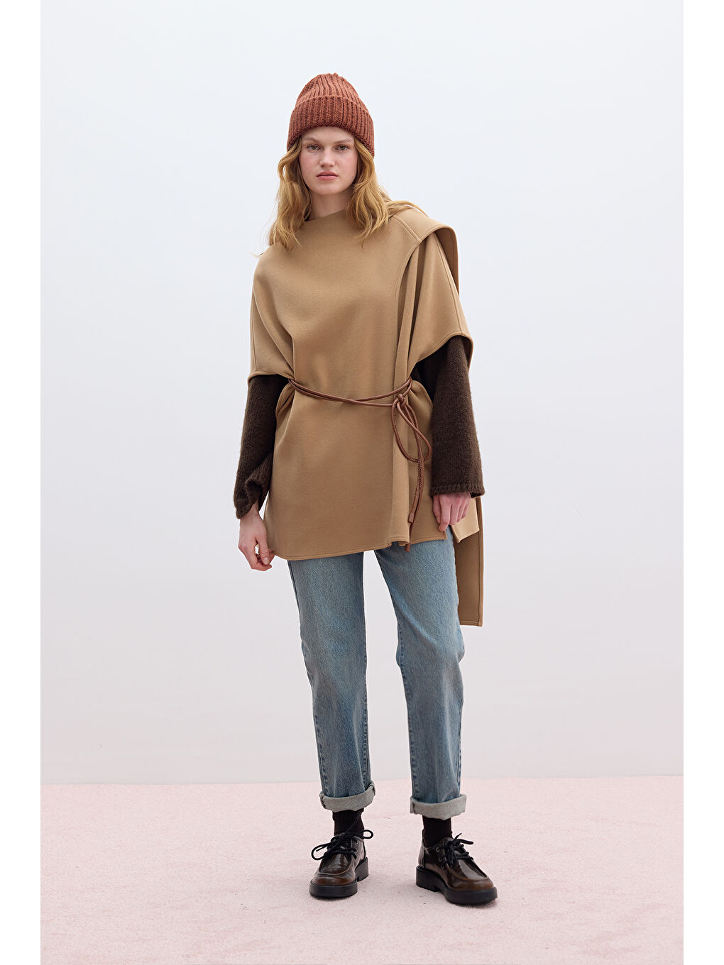 Kahverengi Atkılı Kaşe Panço Camel-5