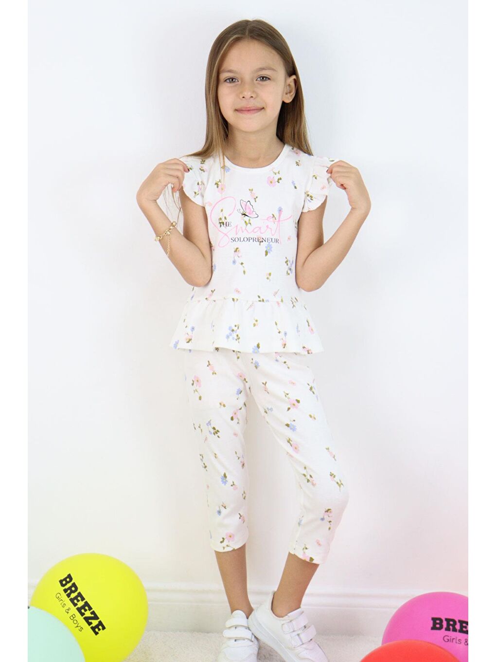 Kız Çocuk Taytlı Takım Renkli Çiçek Desenli Fırfırlı Ekru (2-6 Yaş)-2