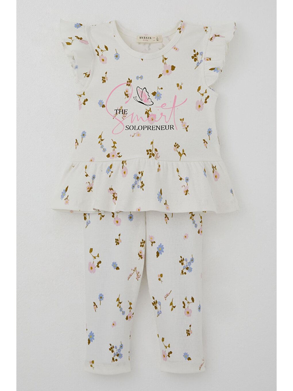 Kız Çocuk Taytlı Takım Renkli Çiçek Desenli Fırfırlı Ekru (2-6 Yaş)-4