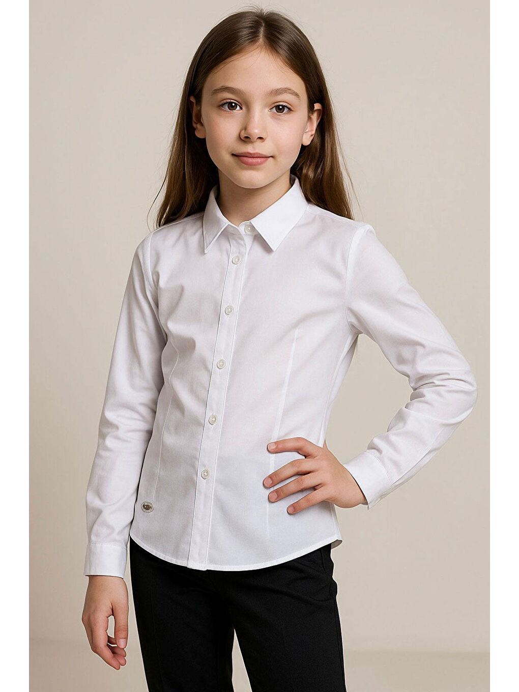 Kız Çocuk Gömlek Belden Oturtma Düğmeli Arma Detaylı Beyaz (8-12 Yaş)