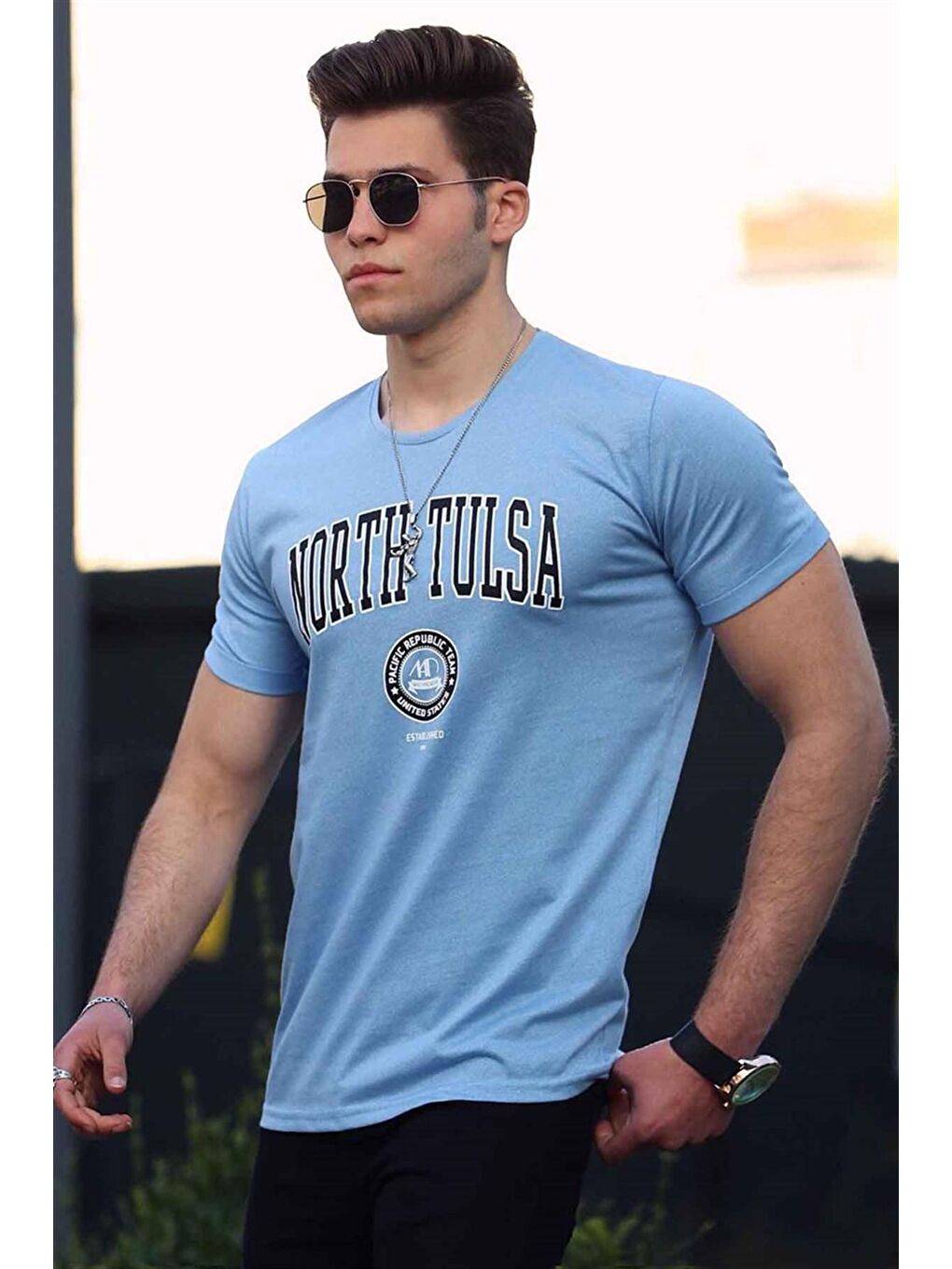 Baskılı Mavi Erkek %100 Pamuk Tişört 4519