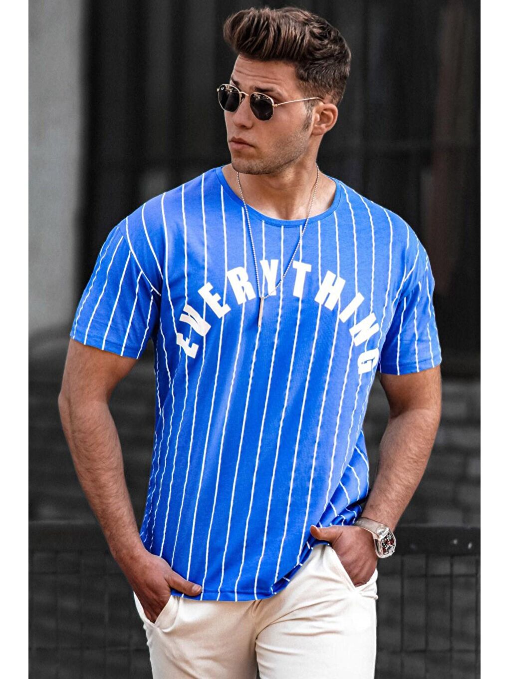 Çizgili Baskılı İndigo Tişört 3007