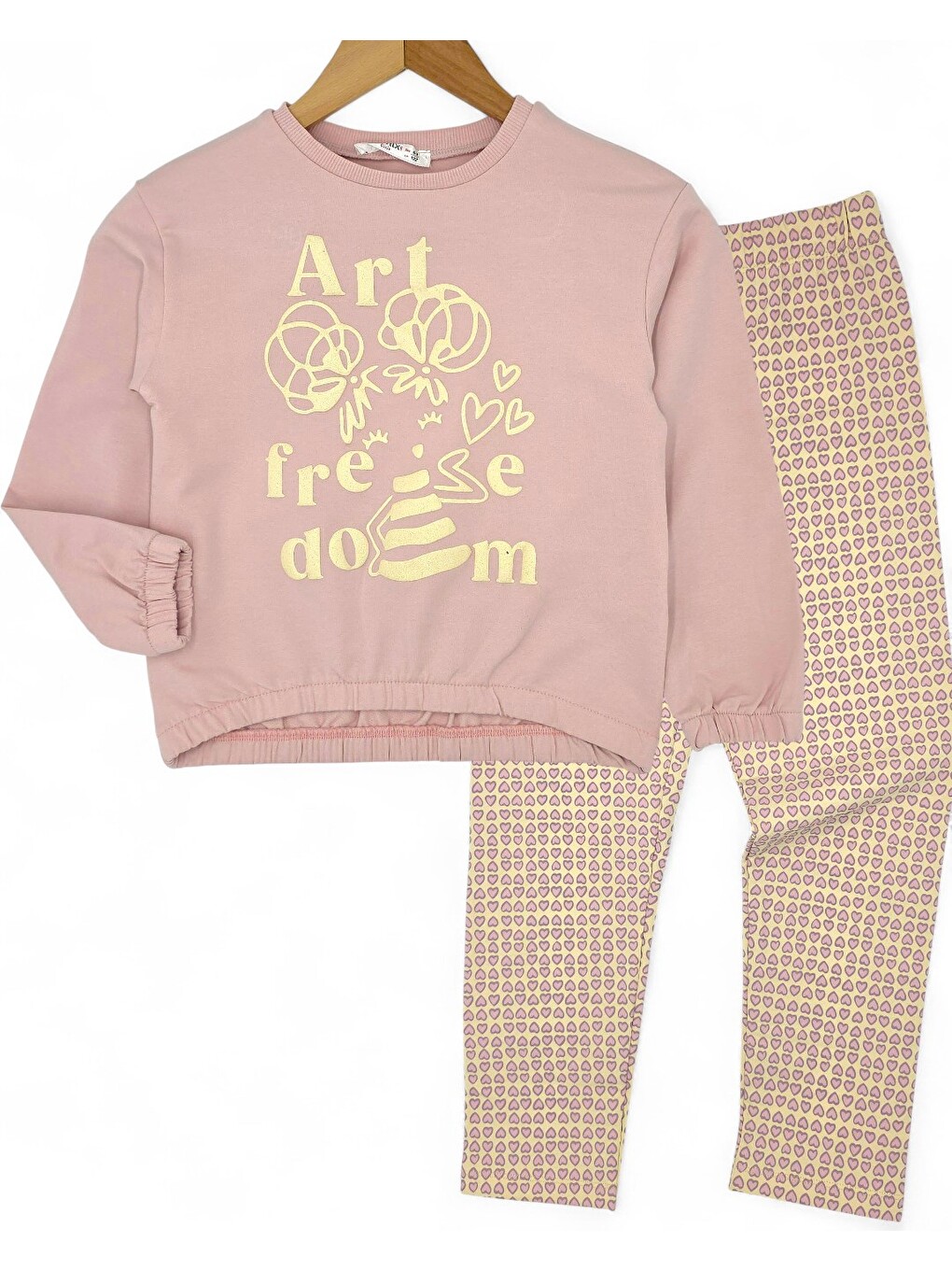 Pembe Kız Çocuk Kalp Baskılı Taytlı, Mevsimlik, 2-10 Yaş Sweatshirtlü Alt Üst Taytlı Takım-1