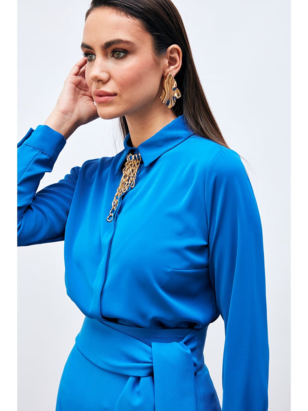 Zincir Aksesuarlı Düz Gömlek - Sax Mavi