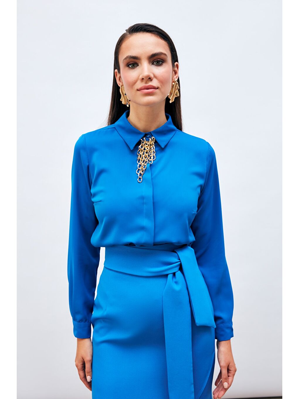 Zincir Aksesuarlı Düz Gömlek - Sax Mavi-1