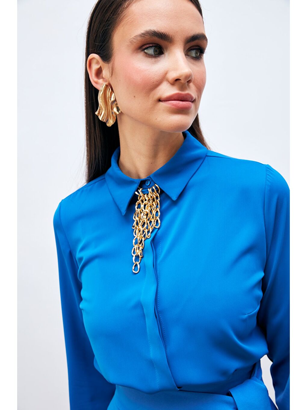 Zincir Aksesuarlı Düz Gömlek - Sax Mavi-3
