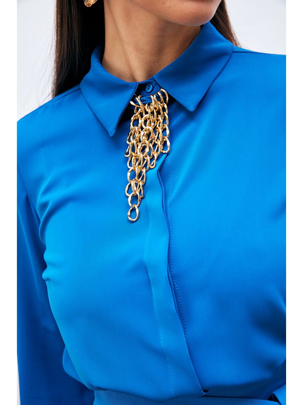 Zincir Aksesuarlı Düz Gömlek - Sax Mavi-4