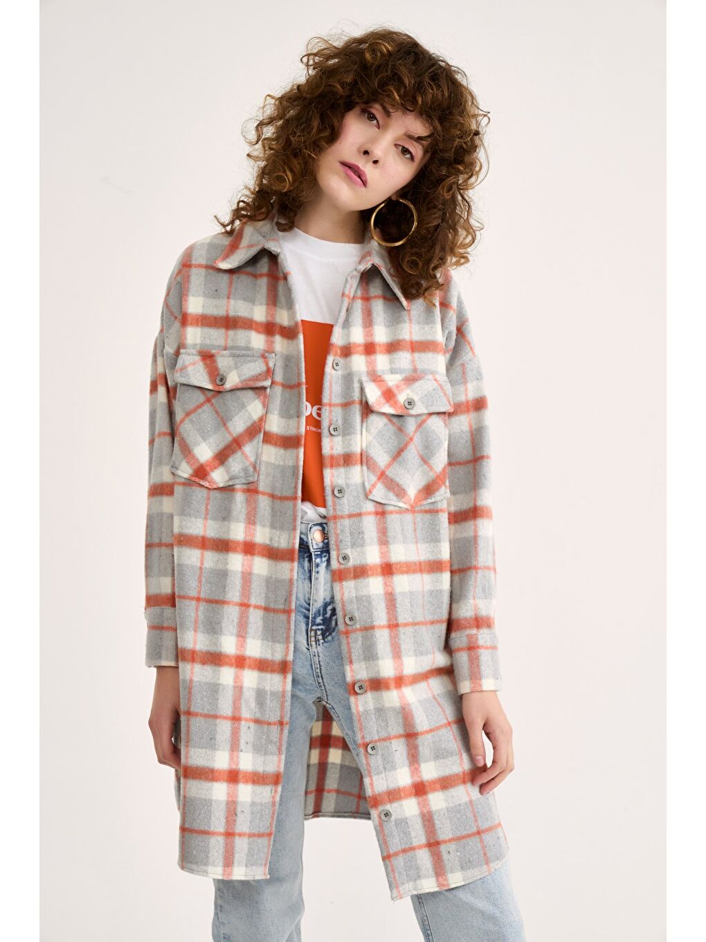 Kahverengi Ekose Desenli Uzun Gömlek - Kiremit-1