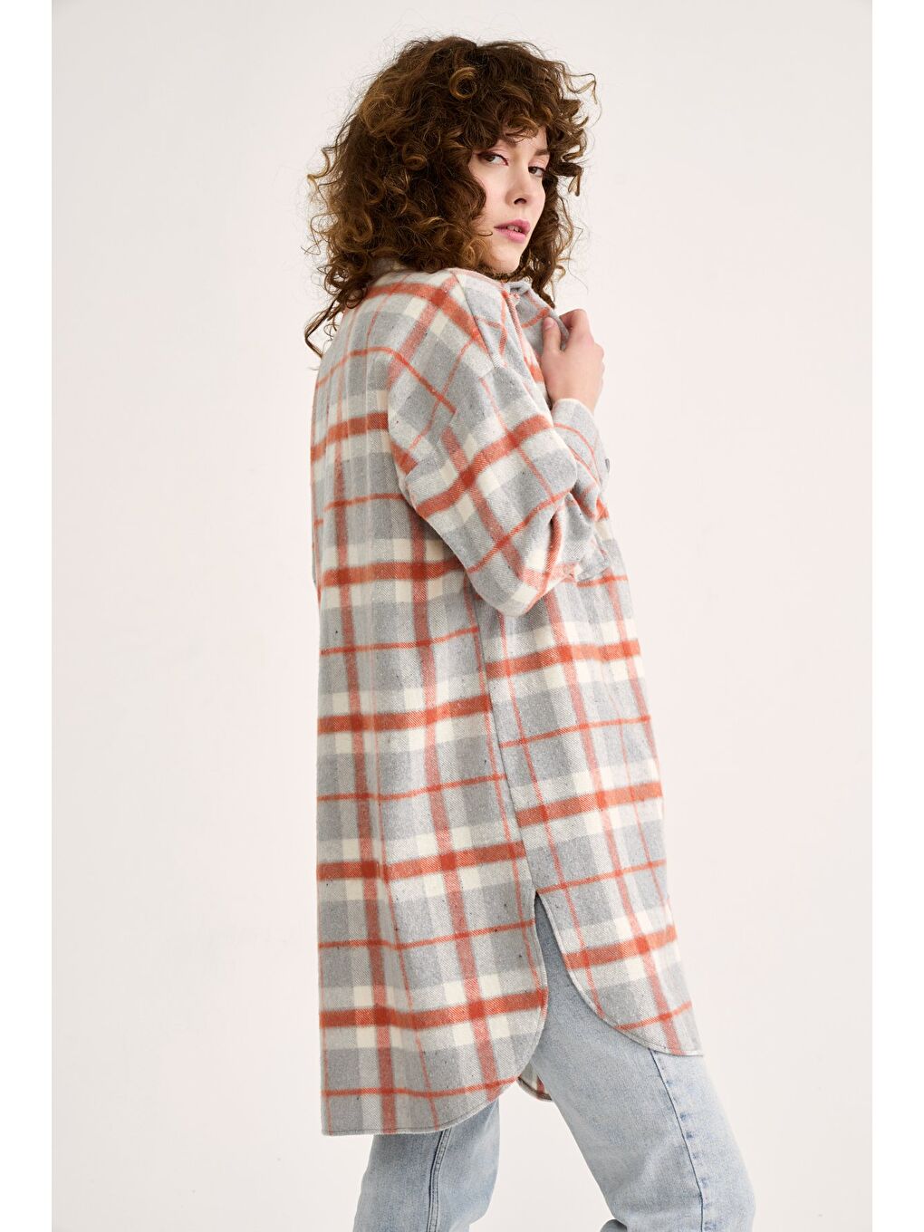 Kahverengi Ekose Desenli Uzun Gömlek - Kiremit-2