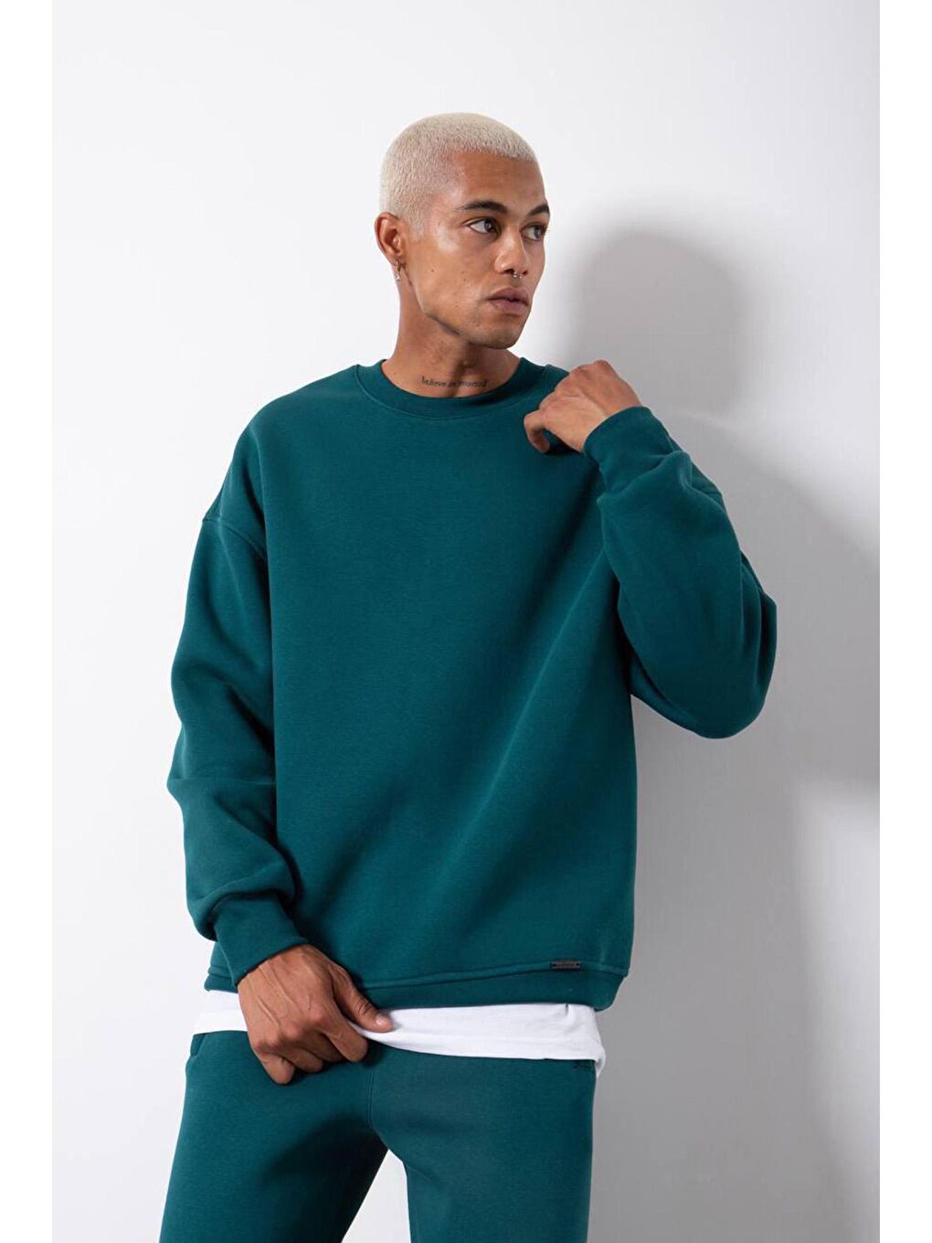 XHAN Zümrüt Yeşili Organik Pamuklu Şardonlu Oversize Sweatshirt 3KXE8-46416-44