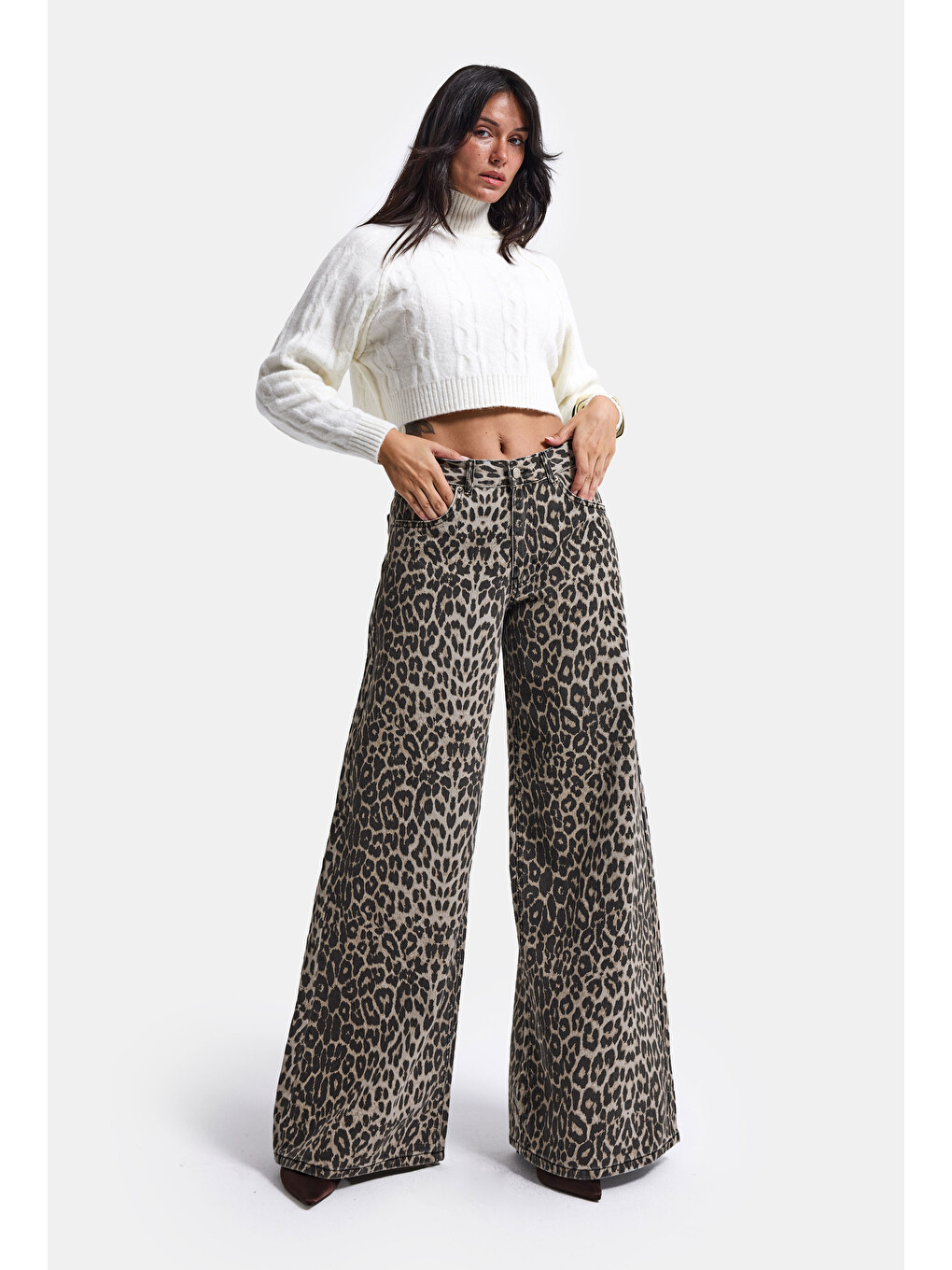 Kahverengi Kadın Leopar 1w6-26 Palazzo Fit Özel Desen Denim Jean-1