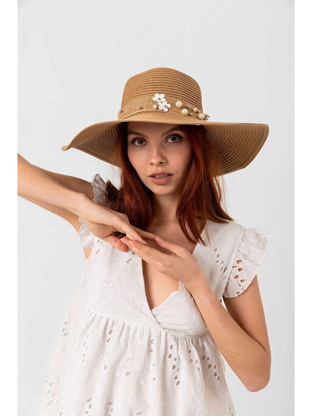 Kahverengi Kadın Camel Kurdeleli İncili Hasır Şapka HSR2071 Kutulu Gönderim-2