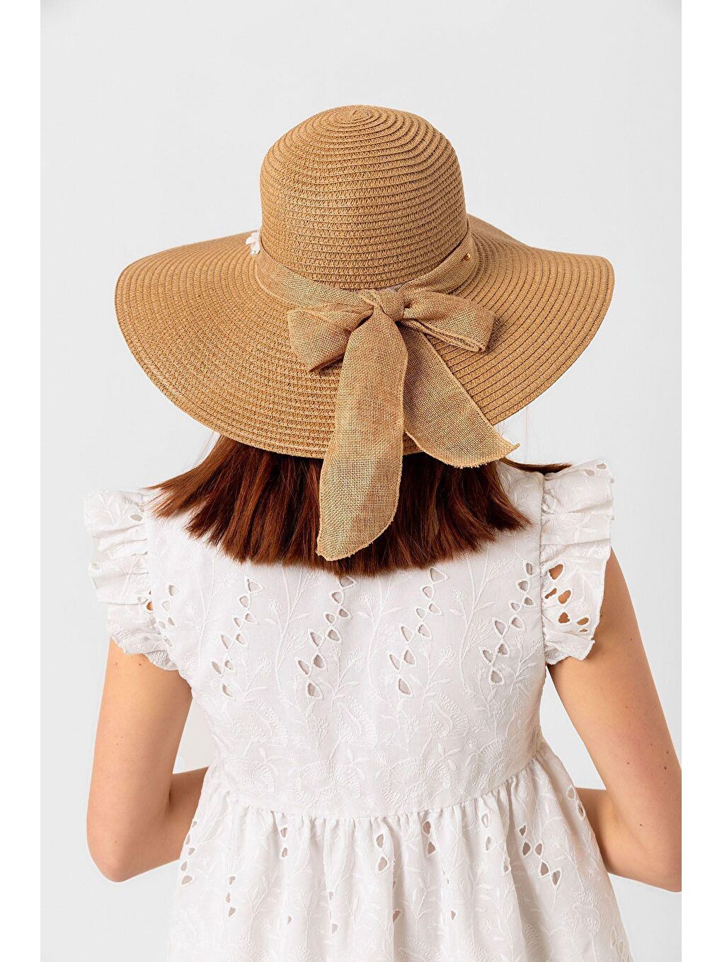 Kahverengi Kadın Camel Kurdeleli İncili Hasır Şapka HSR2071 Kutulu Gönderim-3