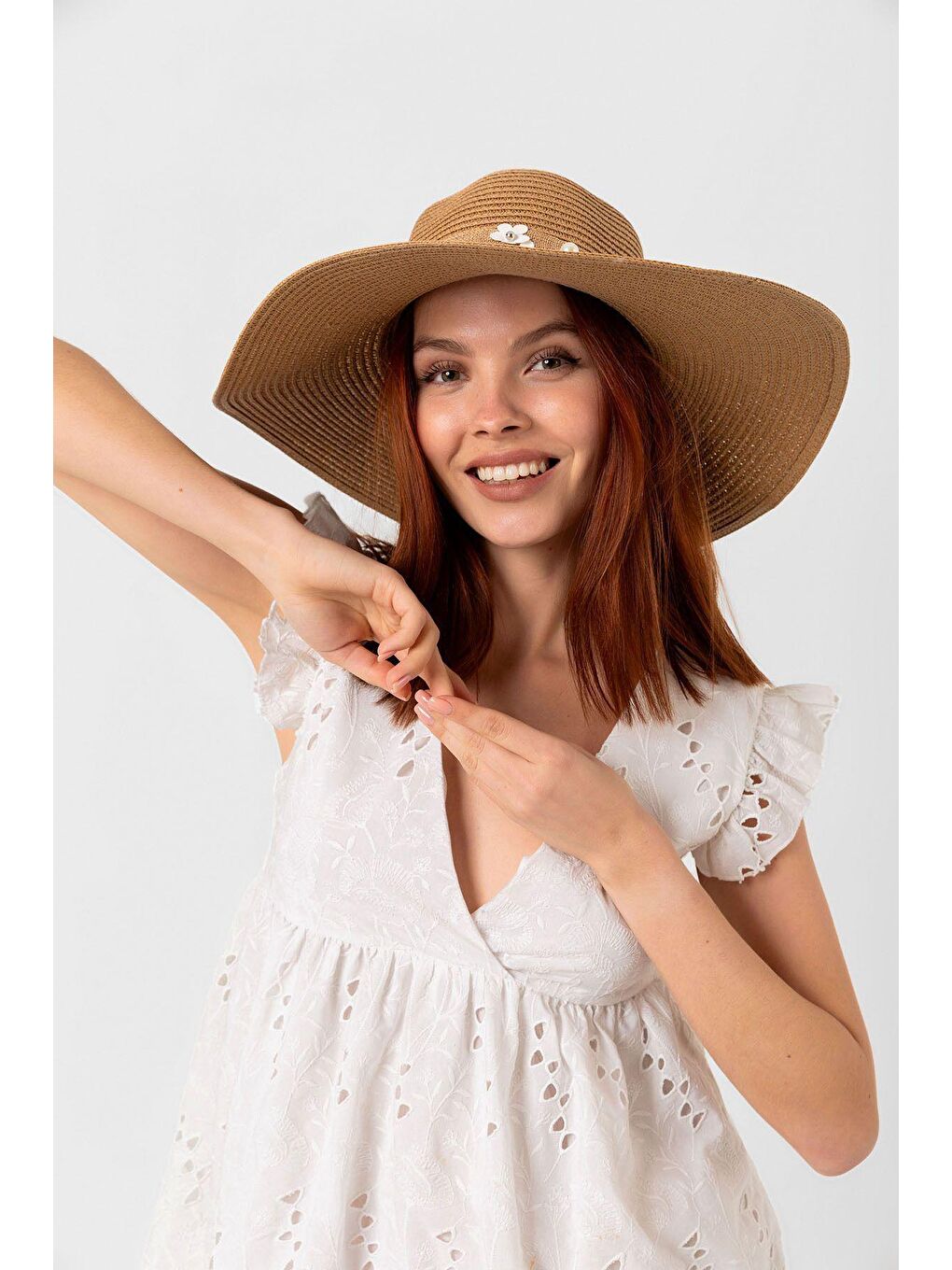 Kahverengi Kadın Camel Kurdeleli İncili Hasır Şapka HSR2071 Kutulu Gönderim-4