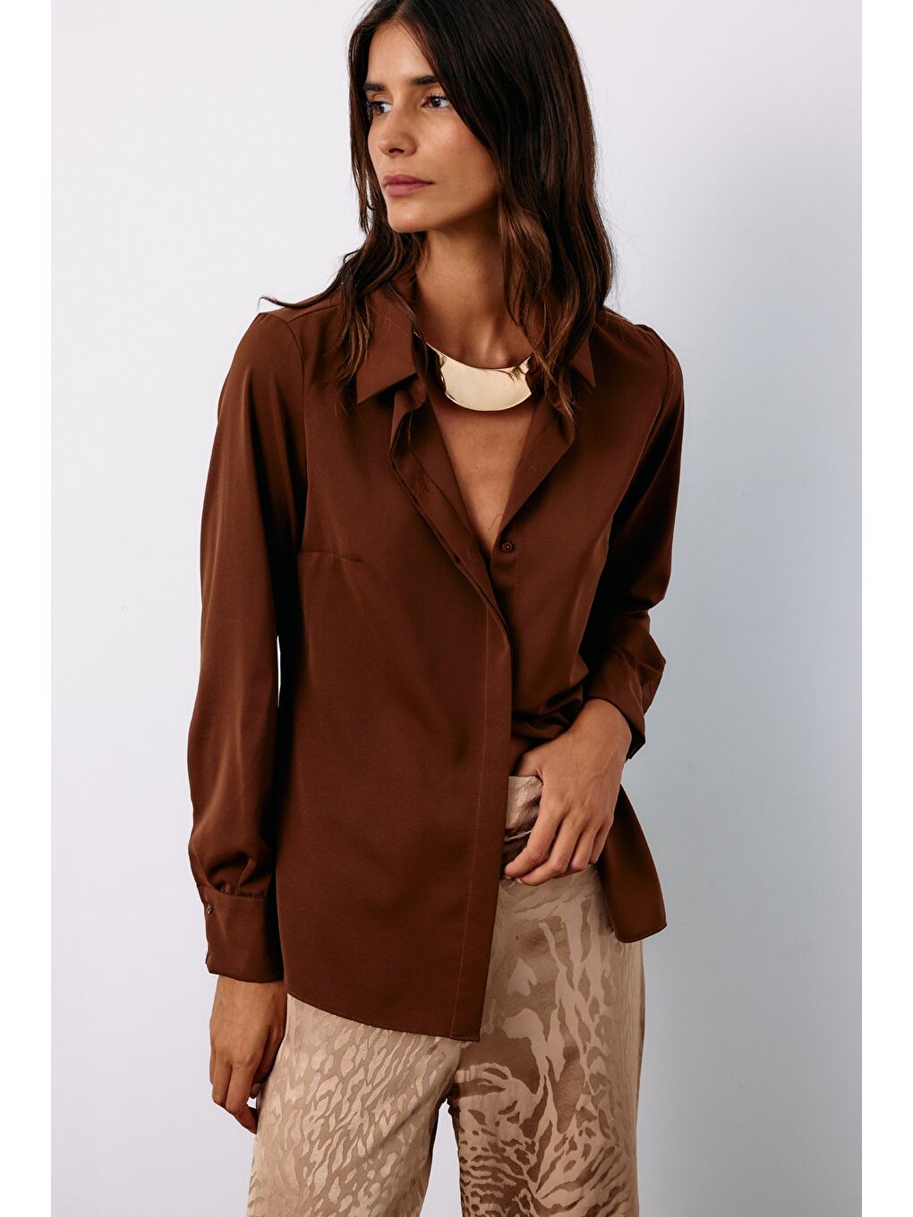 Kahverengi Klasik Düz Gömlek - Kahve-1