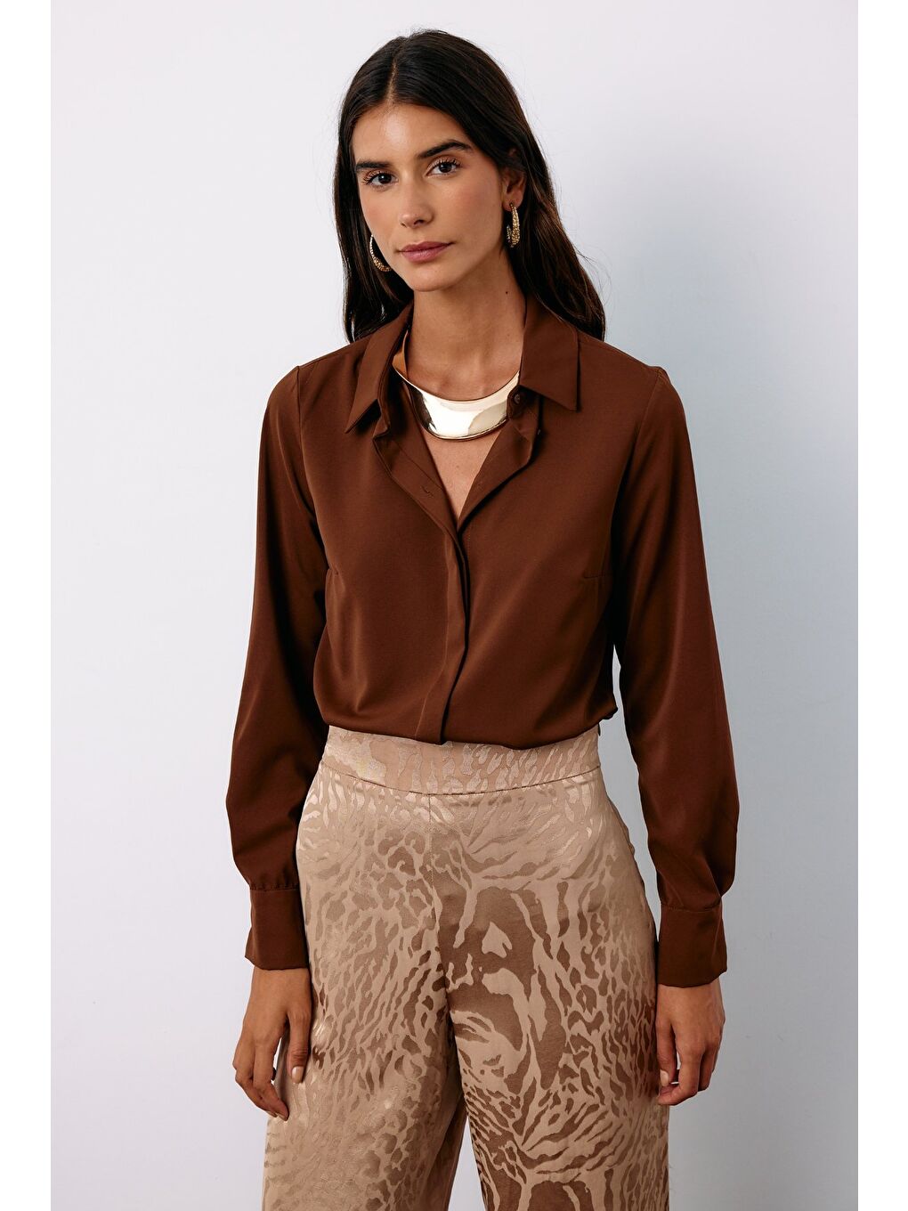 Kahverengi Klasik Düz Gömlek - Kahve-2