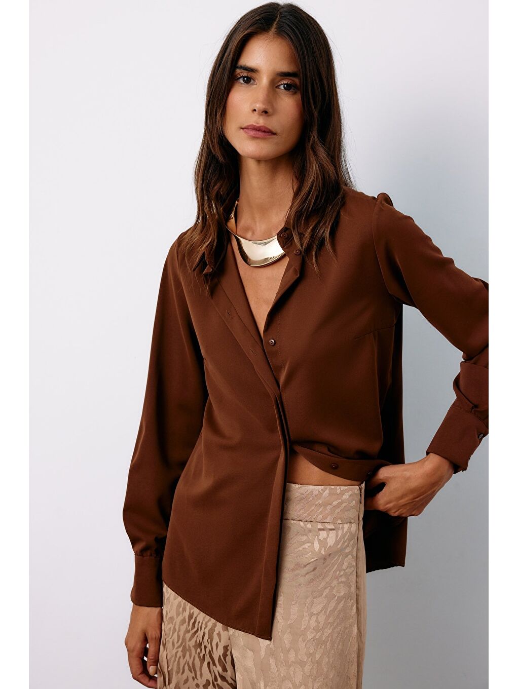 Kahverengi Klasik Düz Gömlek - Kahve-3