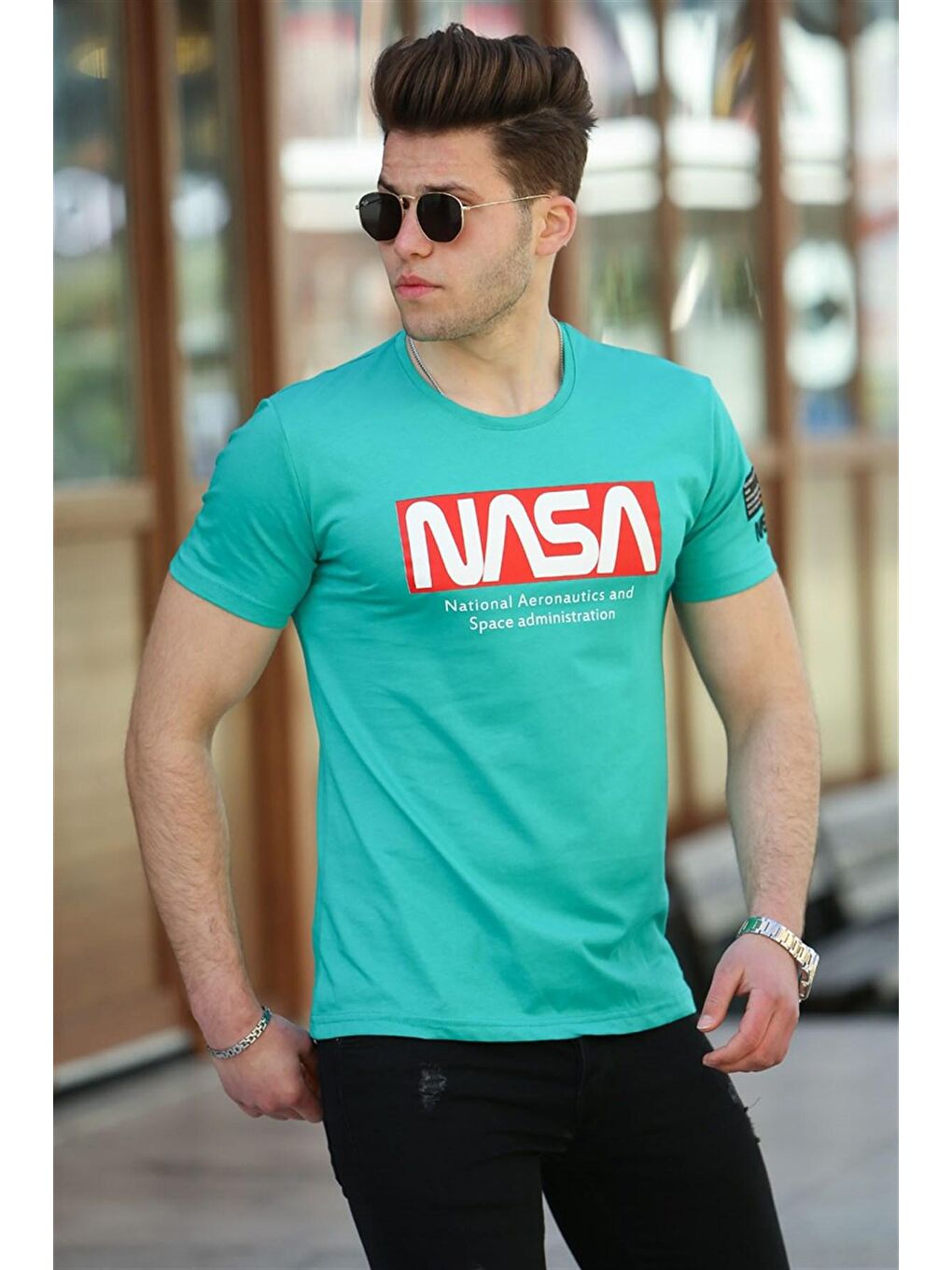 Yeşil Baskılı Erkek Tişört 4526-1