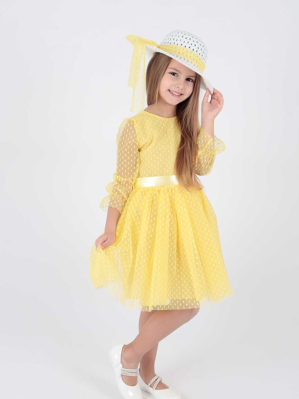 Sarı Kız Çocuk Şapkalı Ve Tül Dantel Abiye Elbise LC2228