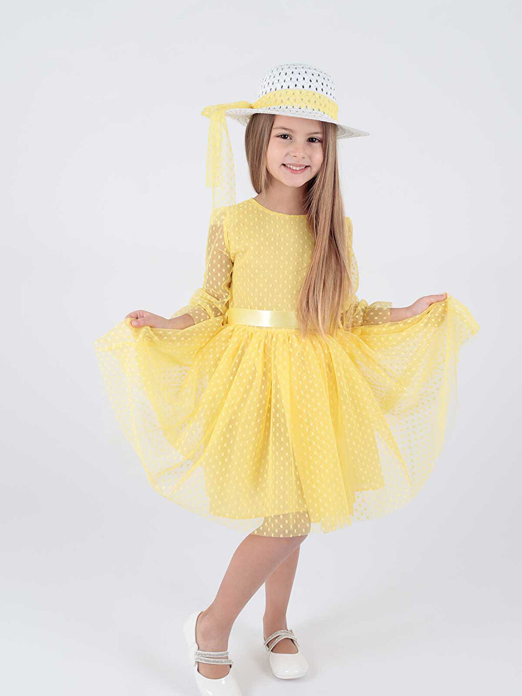 Sarı Kız Çocuk Şapkalı Ve Tül Dantel Abiye Elbise LC2228-1