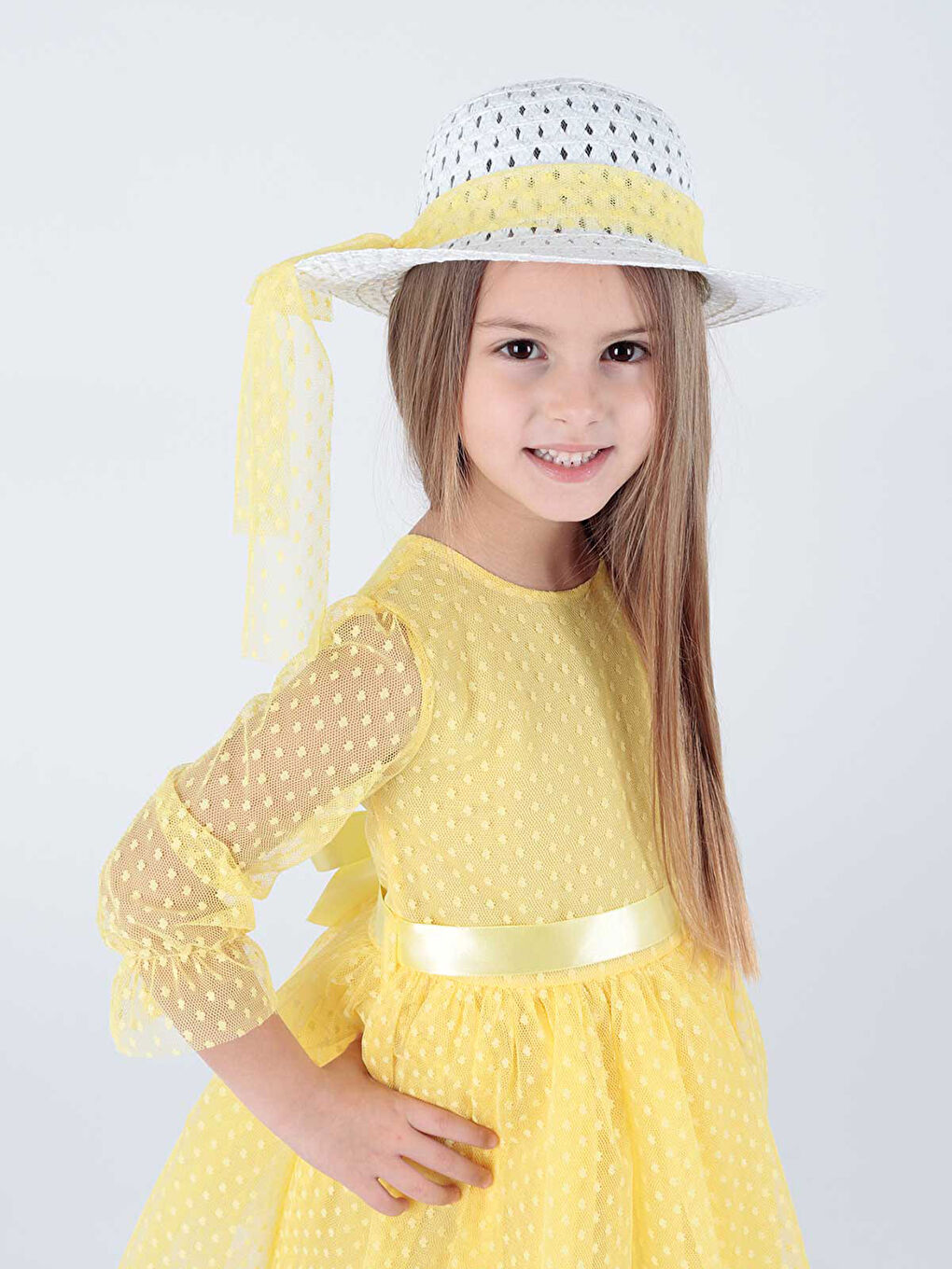 Sarı Kız Çocuk Şapkalı Ve Tül Dantel Abiye Elbise LC2228-3
