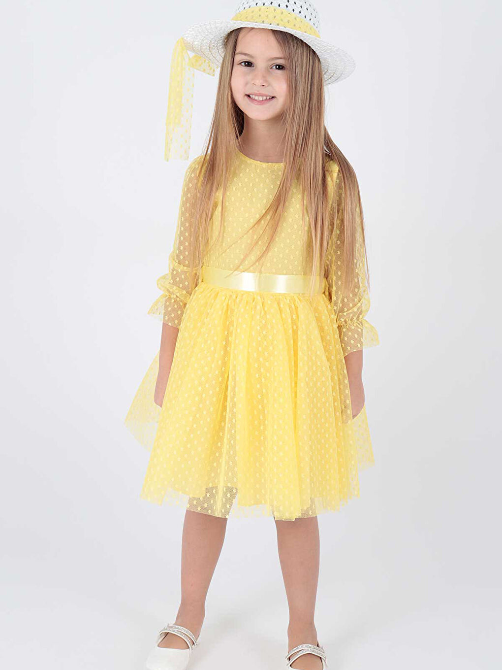 Sarı Kız Çocuk Şapkalı Ve Tül Dantel Abiye Elbise LC2228-4