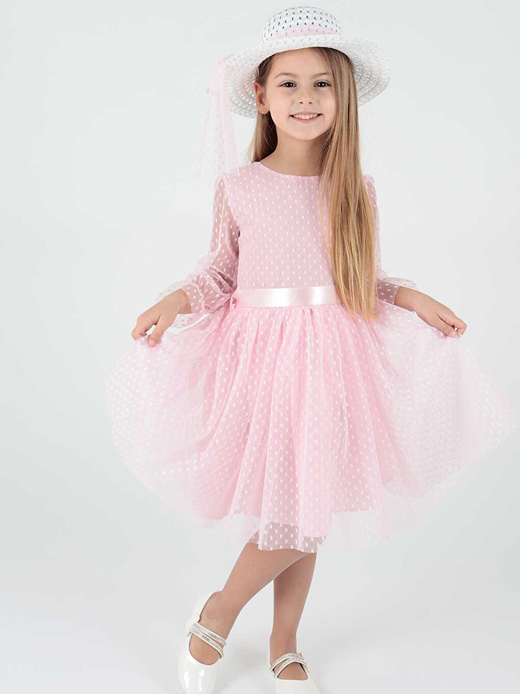 Pembe Kız Çocuk Şapkalı Ve Tül Dantel Abiye Elbise LC2228-1