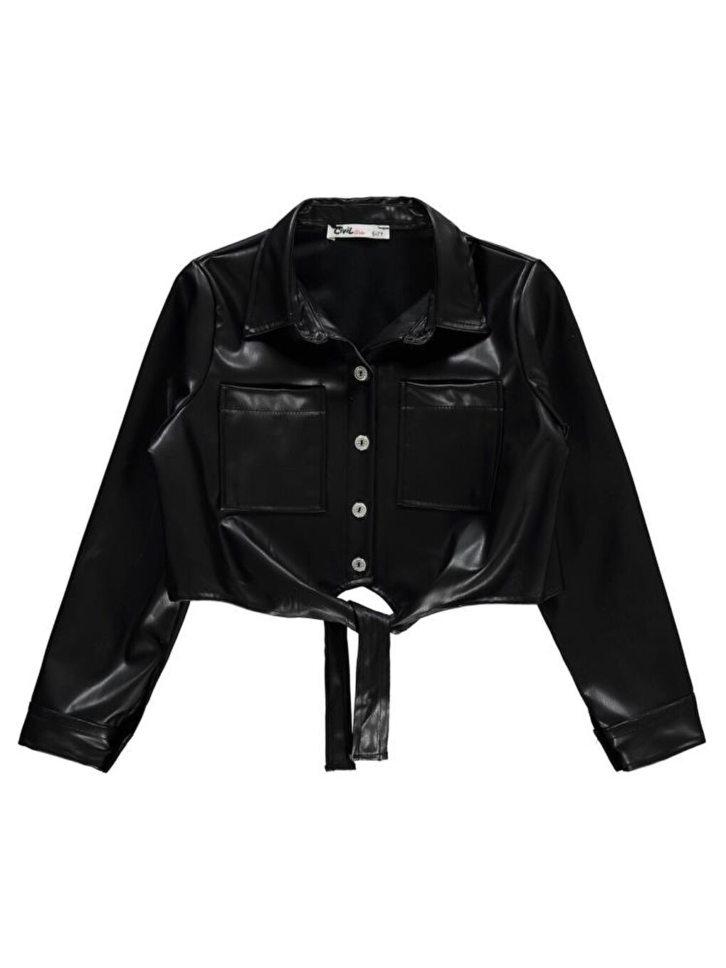 Siyah Girls Önü Bağlamalı Deri 10-13 Yaş Gömlek-1