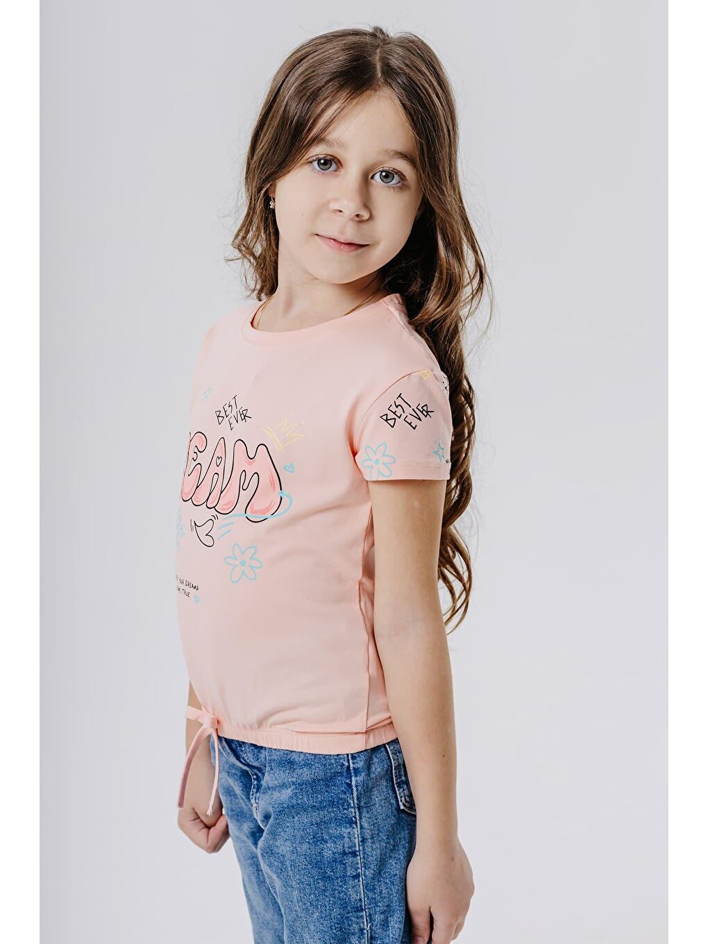 Pembe Kız Çocuk Tişört Renkli Yazı Baskılı Rüya Temalı Somon (5-10 Yaş)-1