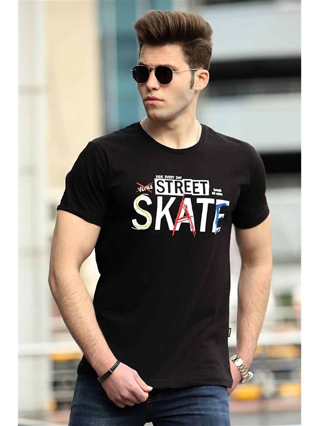 Siyah Baskılı Erkek Tişört 4548-1