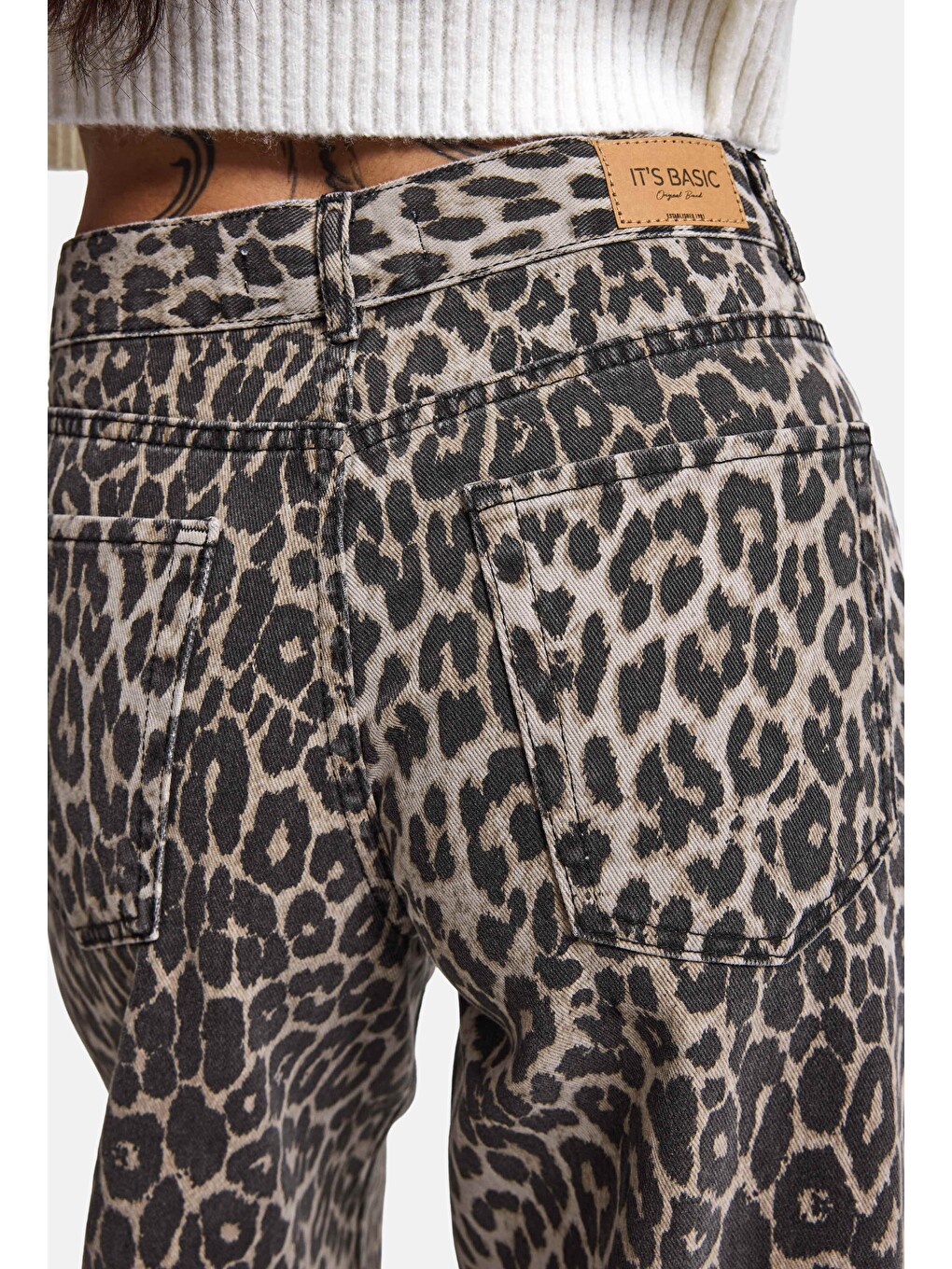 Kahverengi Kadın Leopar 1w6-26 Palazzo Fit Özel Desen Denim Jean-2