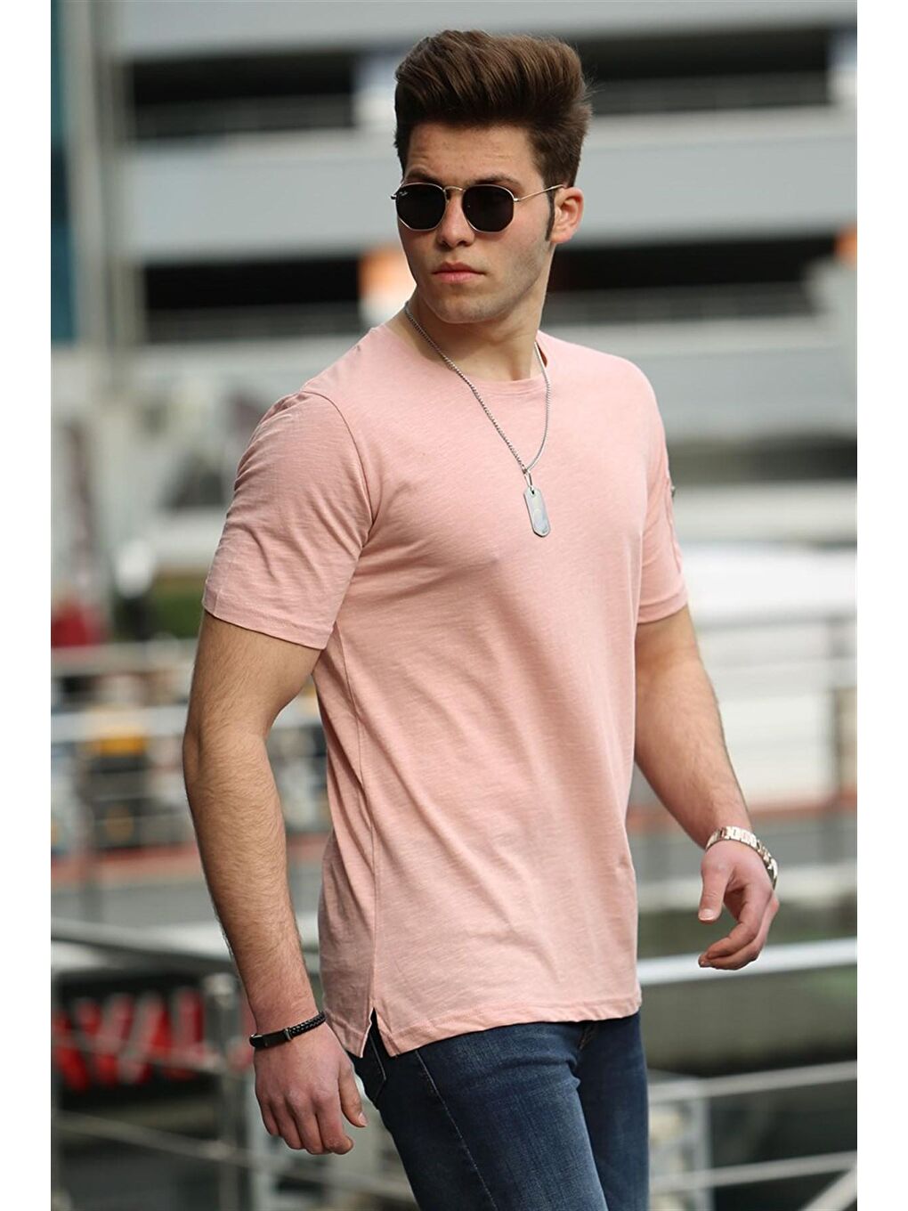 Pembe Fermuar Detaylı Pudra Tişört 4103-1