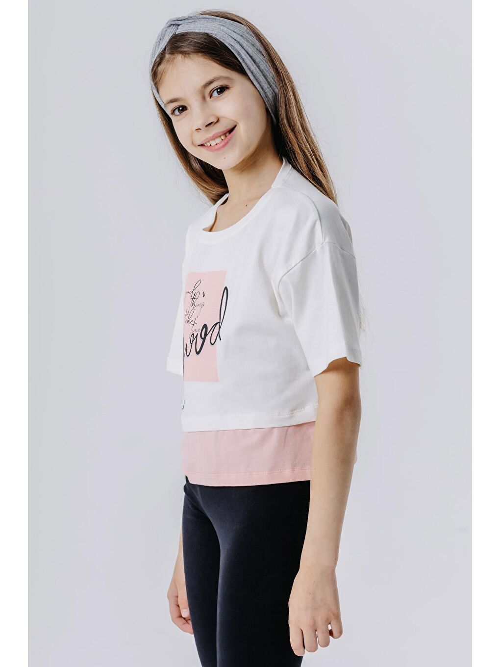 Kız Çocuk Crop Tişört Yazı Baskılı Yanları Yırtmaçlı Ekru (9-14 Yaş)-1