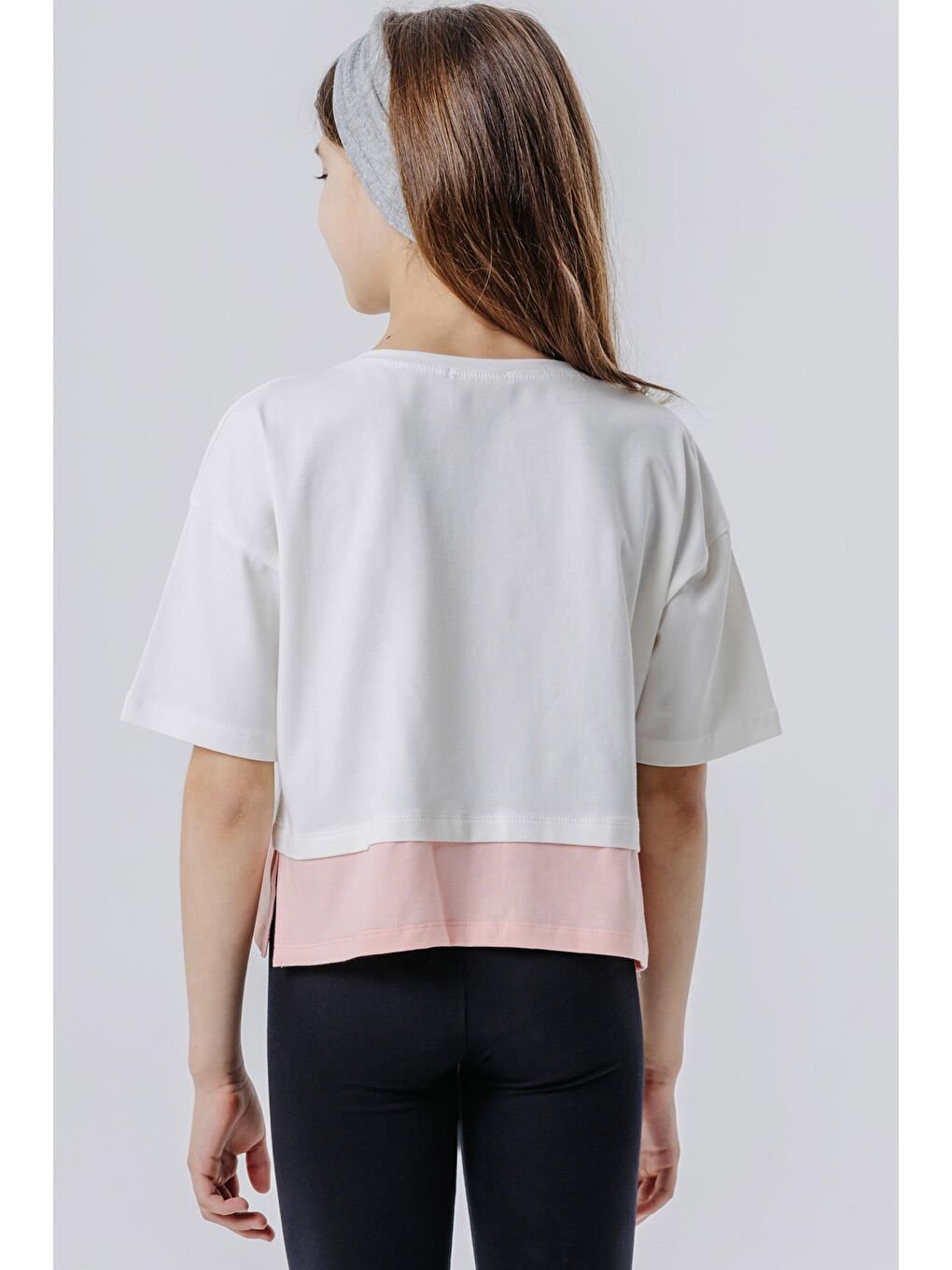 Kız Çocuk Crop Tişört Yazı Baskılı Yanları Yırtmaçlı Ekru (9-14 Yaş)-2